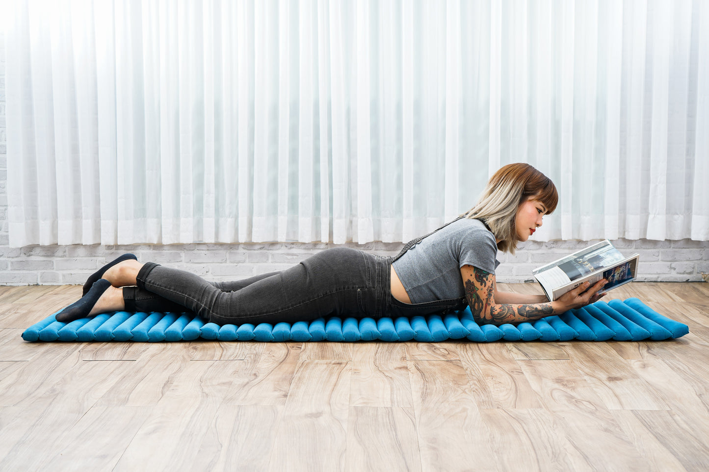 Kapok Roll-Up Mattress – Foldable Sleeping & Relax Mat with Cotton Cover for Home & Outdoor Use, Cl22 - Light Blue