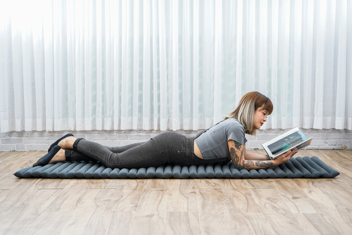 Kapok Roll-Up Mattress – Foldable Sleeping & Relax Mat with Cotton Cover for Home & Outdoor Use, Cl13 - Grey
