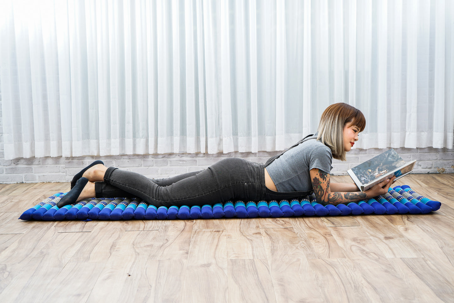 Kapok Roll-Up Mattress – Foldable Sleeping & Relax Mat with Cotton Cover for Home & Outdoor Use, Sf28 - Blue