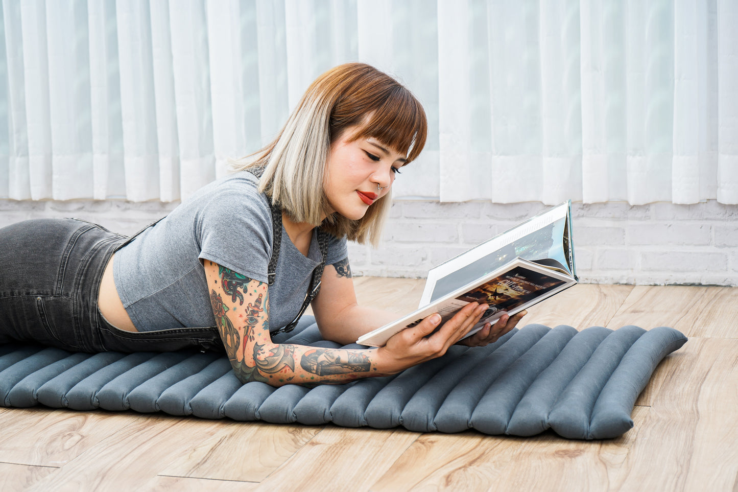 Kapok Roll-Up Mattress – Foldable Sleeping & Relax Mat with Cotton Cover for Home & Outdoor Use, Cl13 - Grey