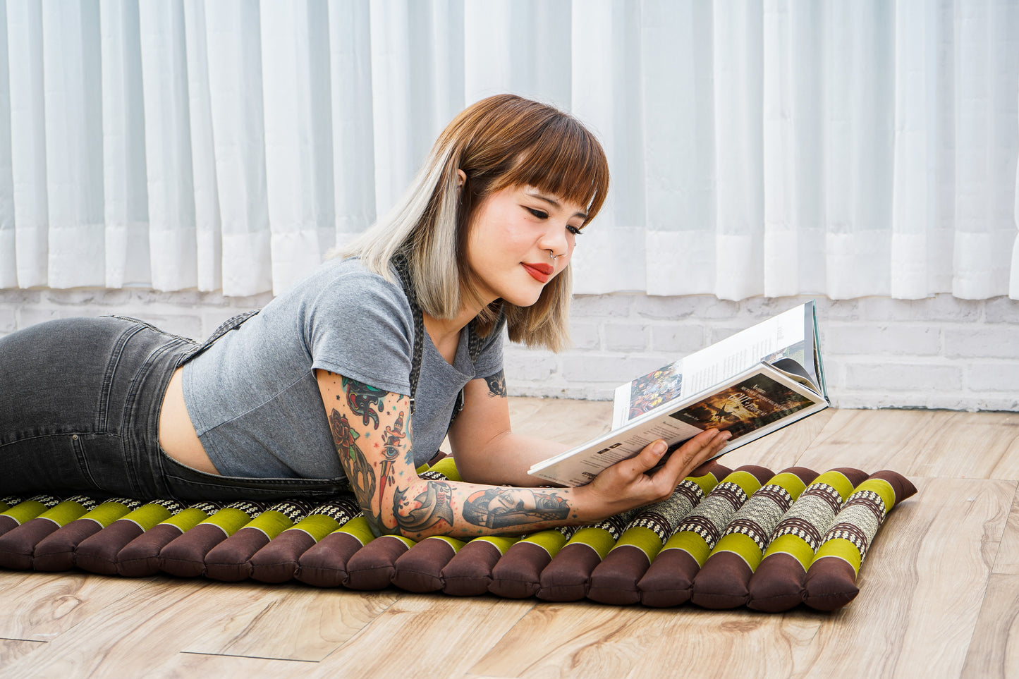 Kapok Roll-Up Mattress – Foldable Sleeping & Relax Mat with Cotton Cover for Home & Outdoor Use, Sf20 - Brown, Green