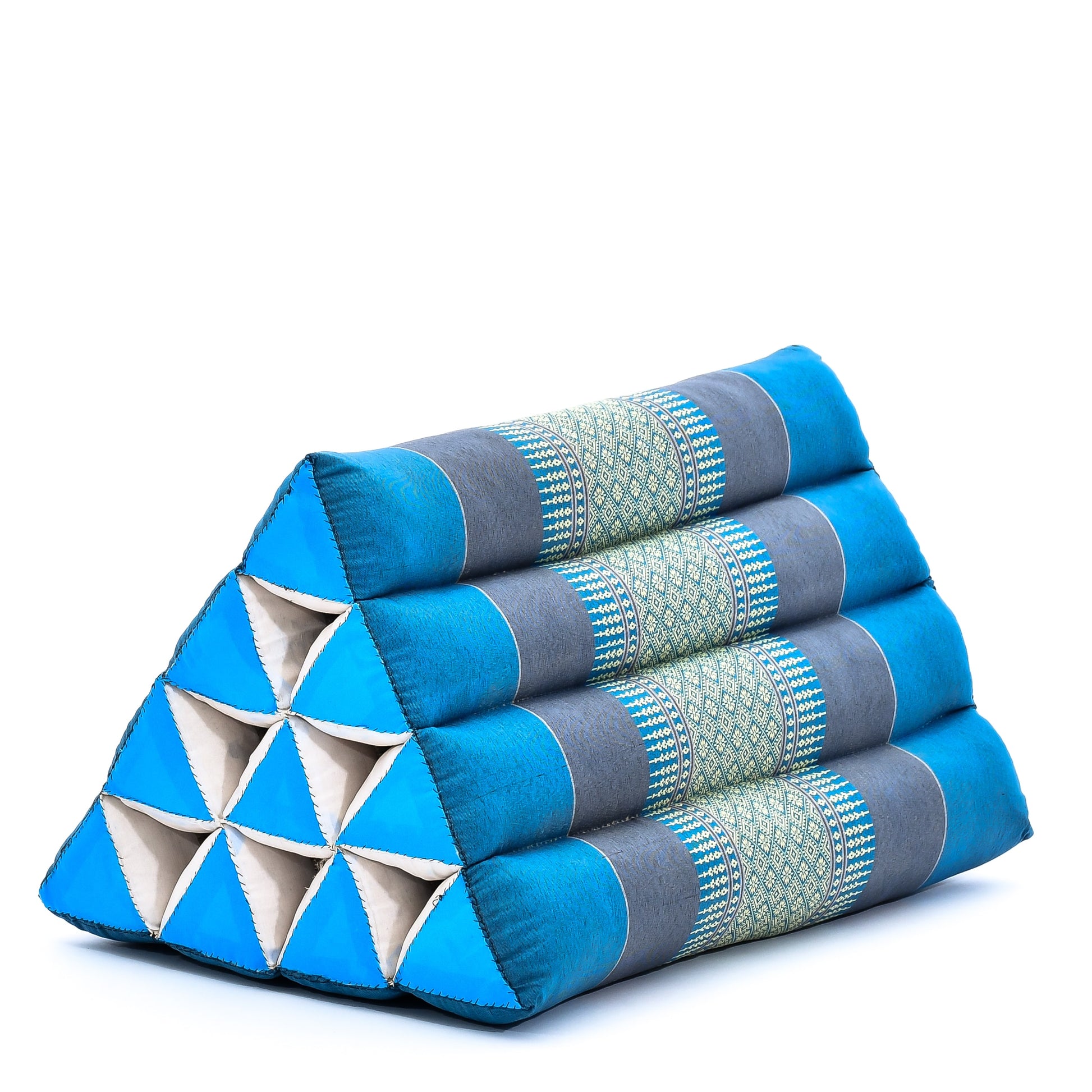 Triangular Kapok Backrest Cushion – Firm Thai Reading Pillow with Cotton Cover in Plain or Patterned Designs, Sf22 - Blue, triangle cushion