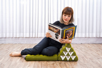 Triangular Kapok Backrest Cushion – Firm Thai Reading Pillow with Cotton Cover in Plain or Patterned Designs, Sf17 - Green, 1 seating segment