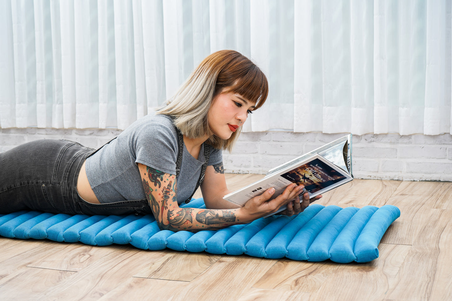 Kapok Roll-Up Mattress – Foldable Sleeping & Relax Mat with Cotton Cover for Home & Outdoor Use, Cl22 - Light Blue